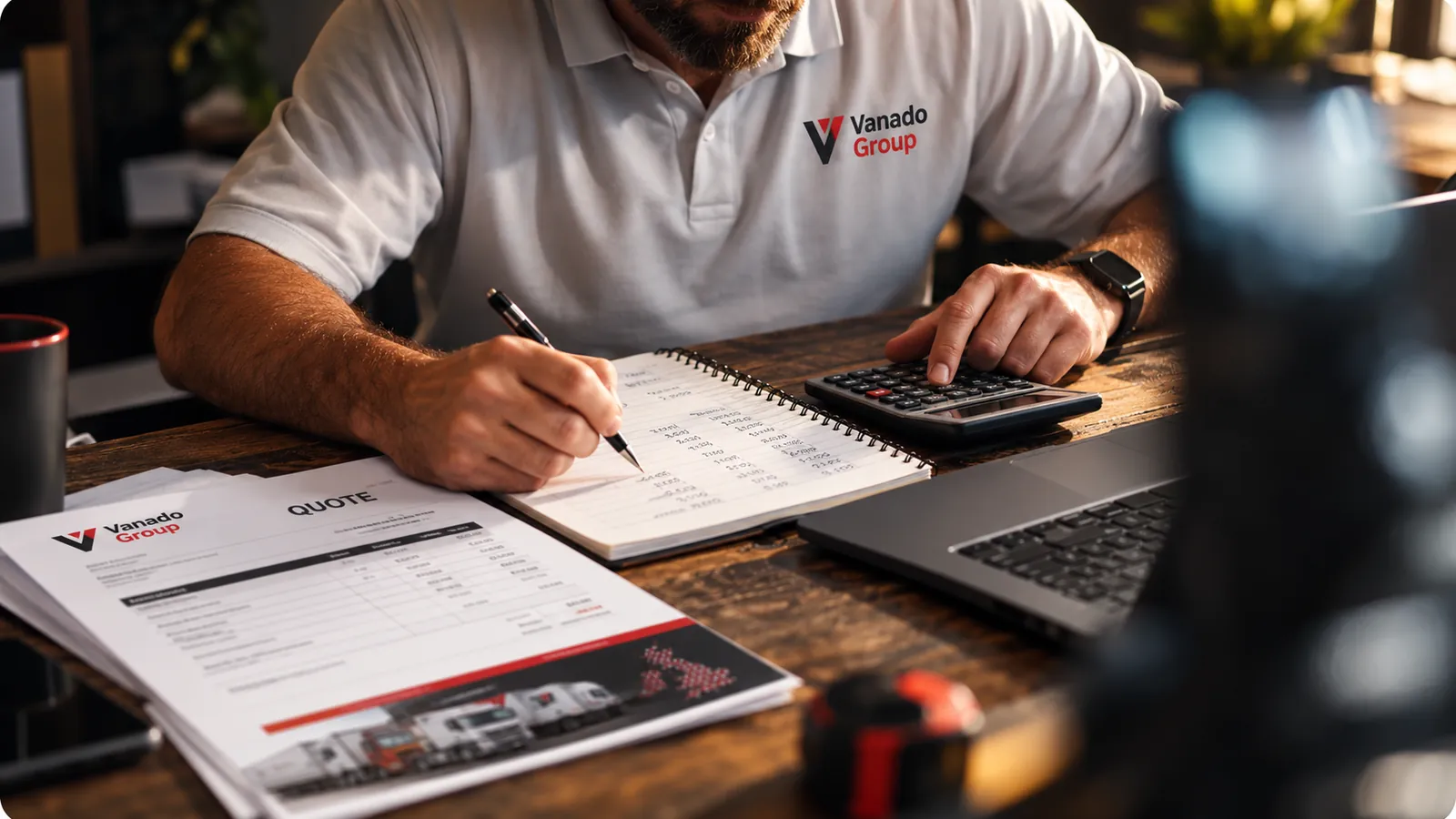 Vanado Group team member preparing a transport quote with a notepad and calculator